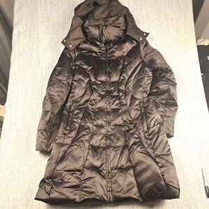 EXPRESS Women's Duck Down Puffer Jacket Brown Med Hooded Full Zip Quilted Coat